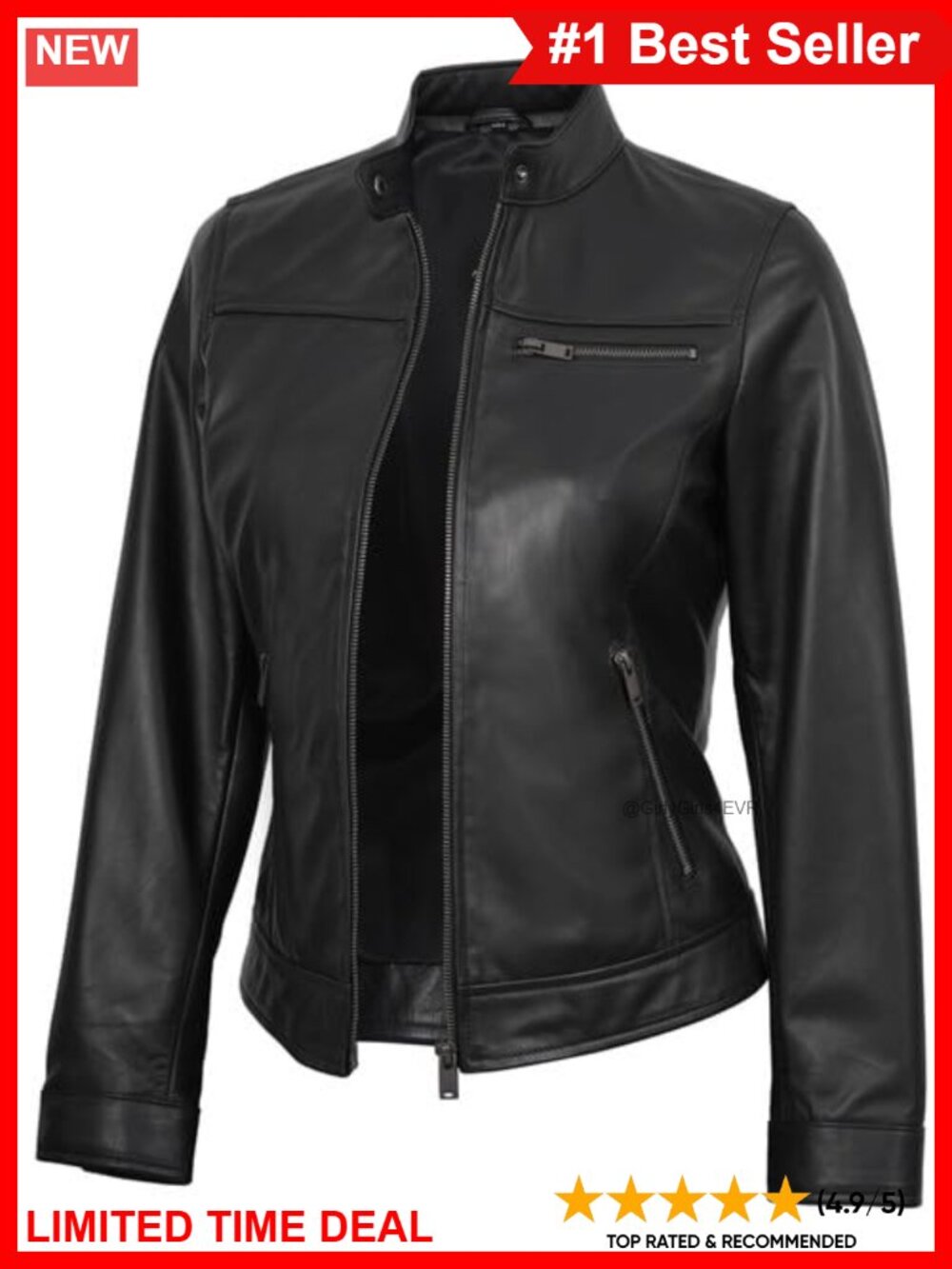 Real Lambskin Leather Cafe Racer Moto Biker Jacket Women Zip Moto